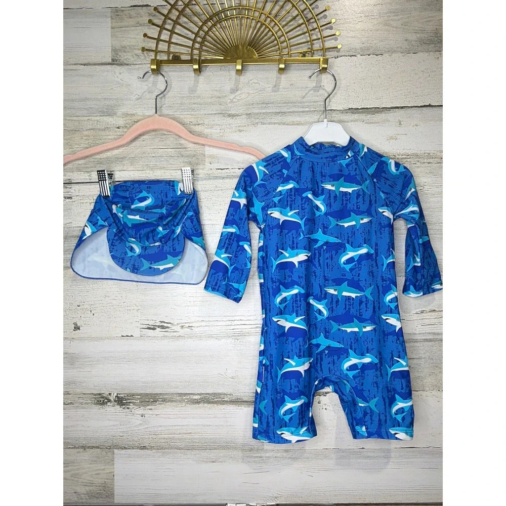 Up and Fast Swimsuit Boys 18-24M Blue Shark Rash Guard Hat Set Sharkcore EUC